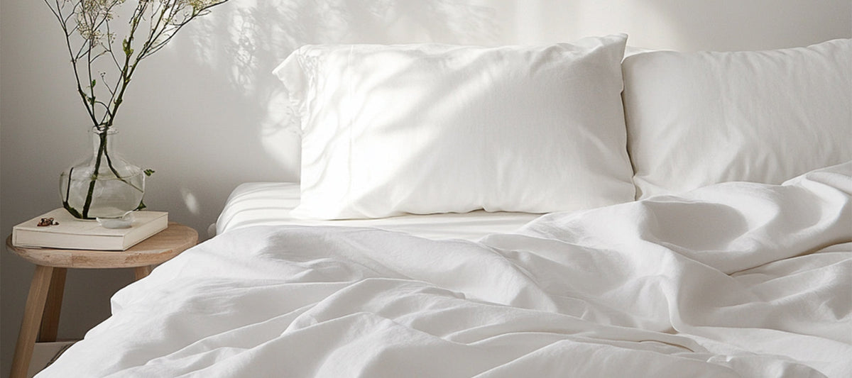 A bed made with white cotton sheets and pillows beside a small bedside table