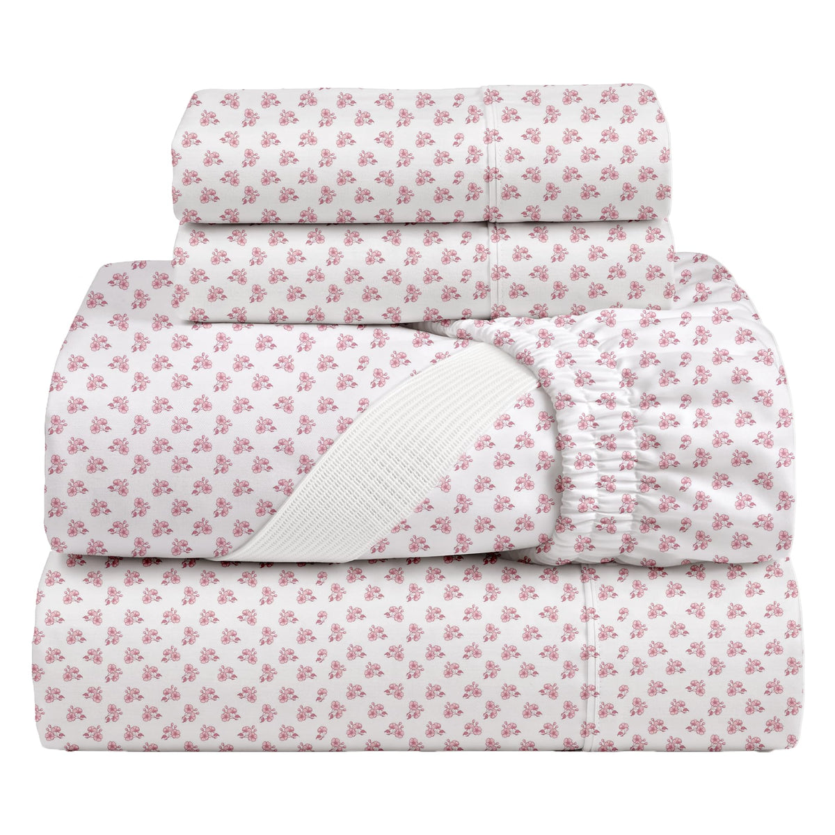 Vervain pink rosebud floral cotton percale sheet set