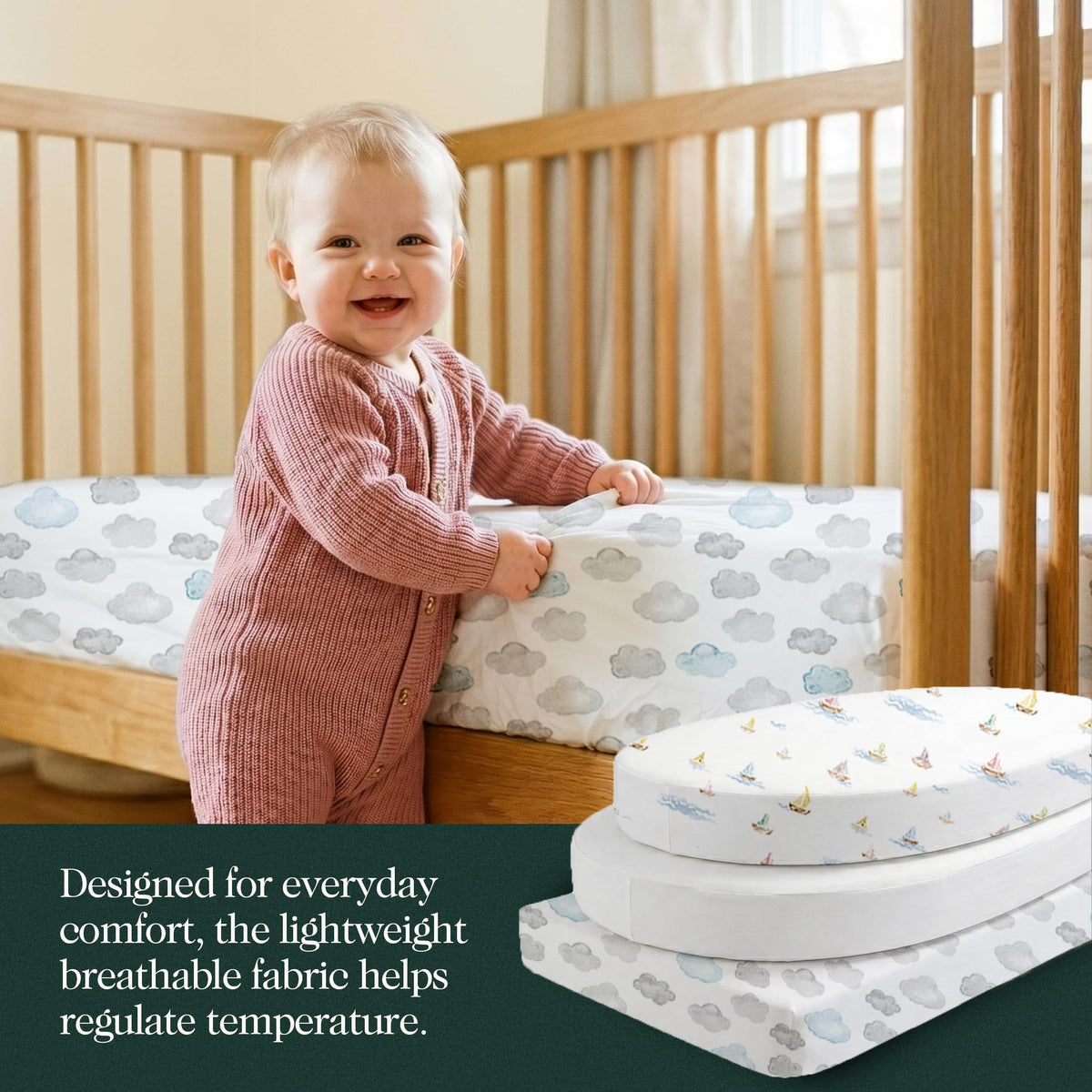 Baby standing in a crib with organic cotton sheets