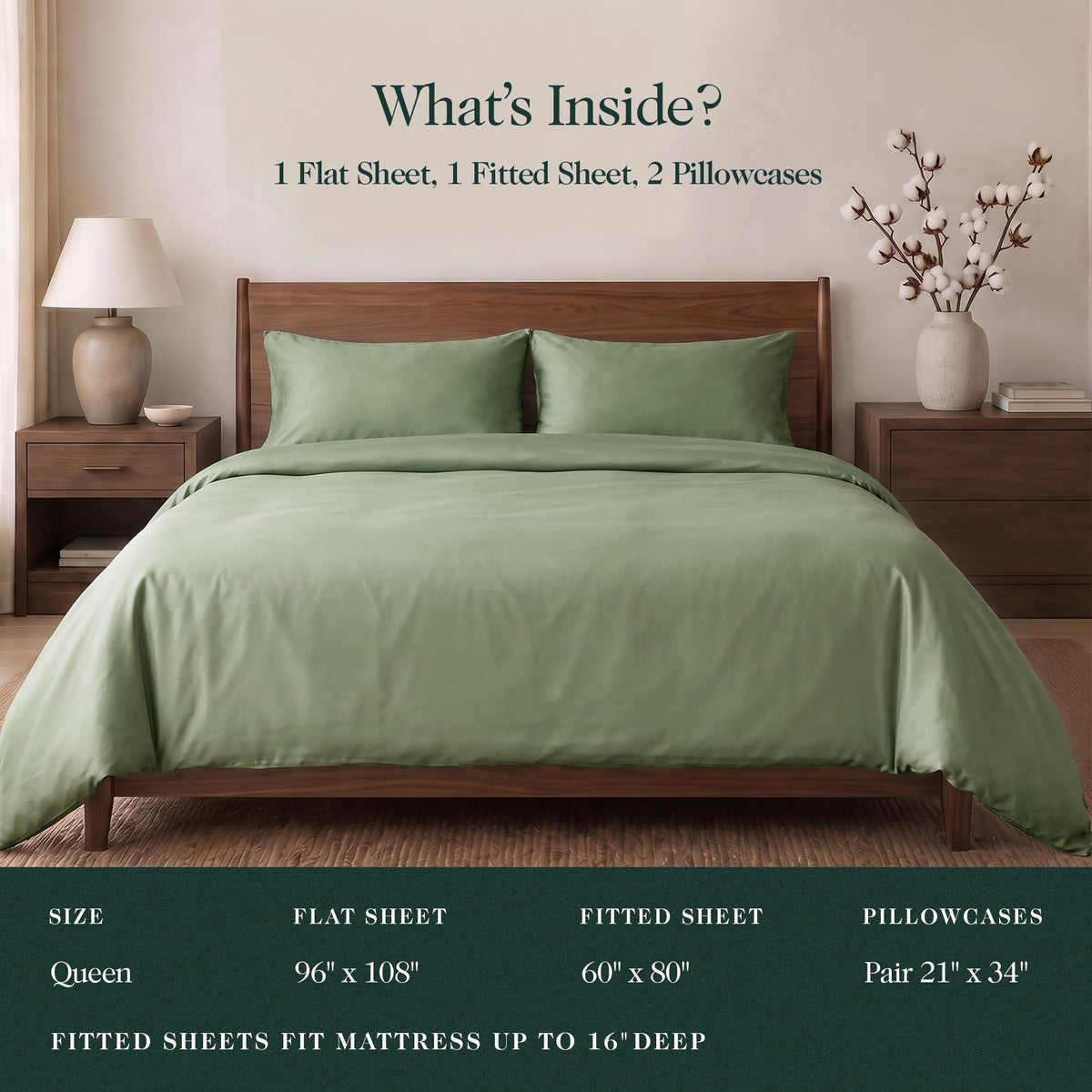 Bed made with sage green sheets