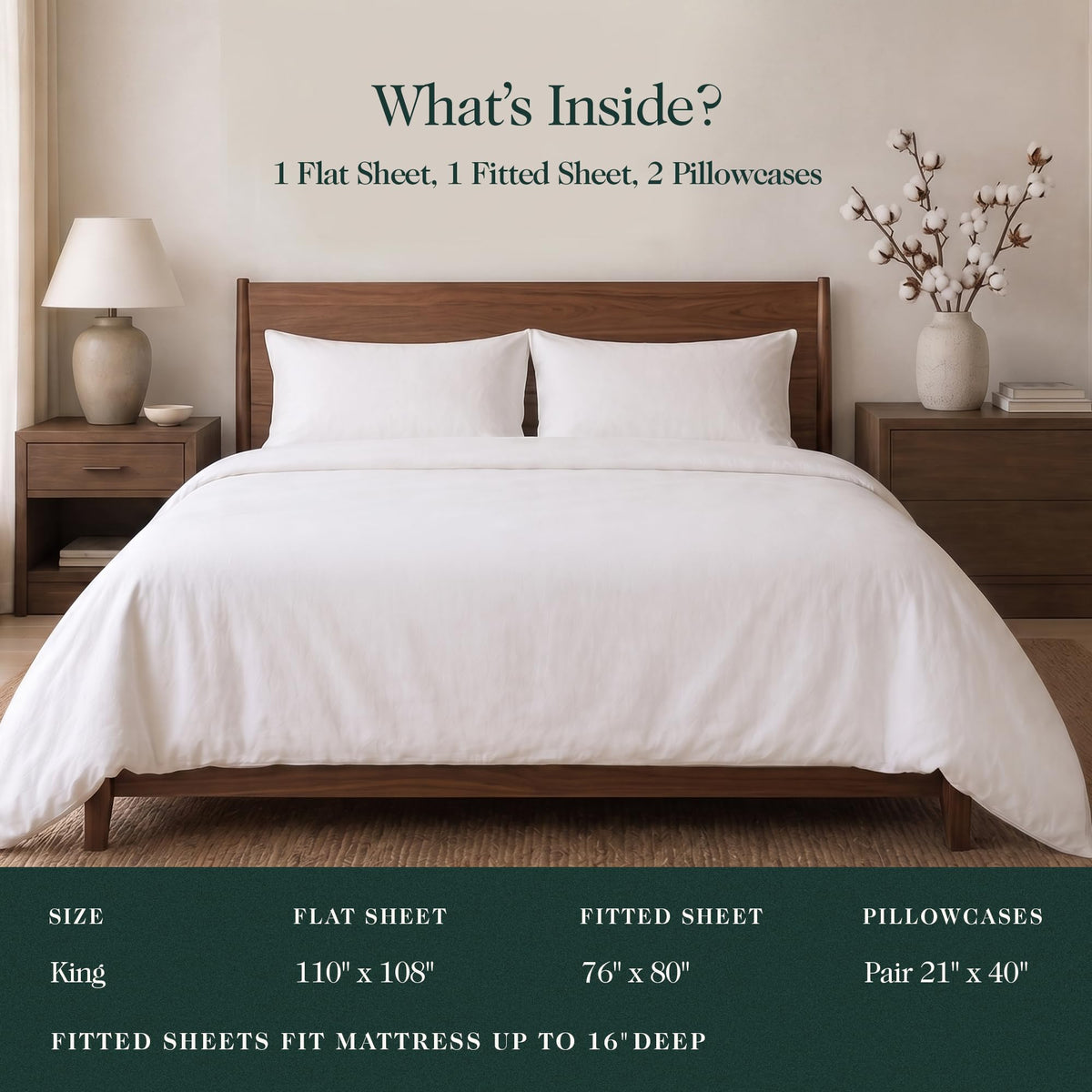 Bed made with white sheets and duvet
