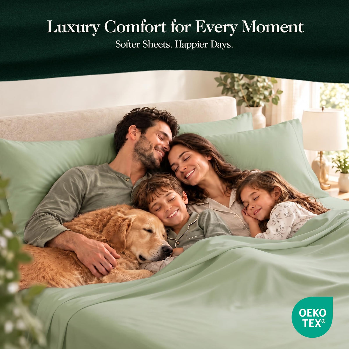 Family and dog resting in a bed with sage green sheets