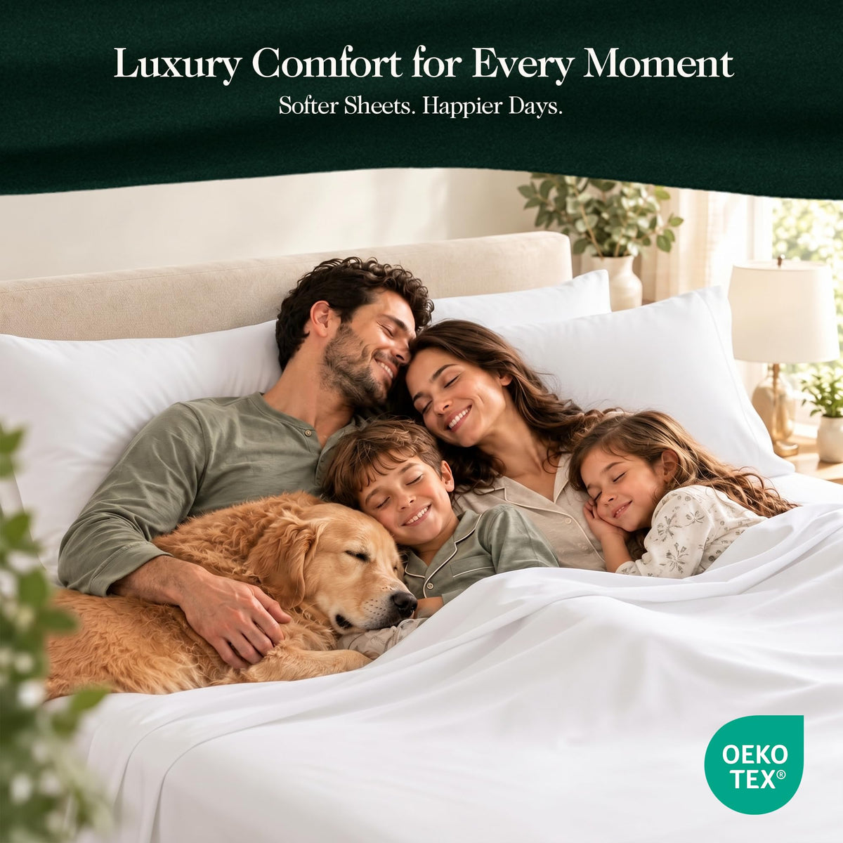 Family and dog resting in a bed with white sheets